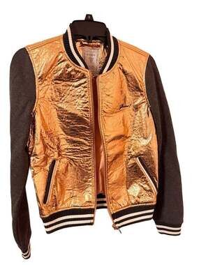 GUESS Metallic Gold Foil Bomber Jacket with Gray Sleeves and Striped Ribbing